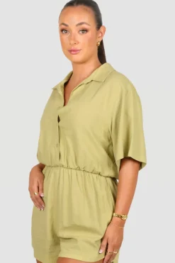 Fayt Playsuits + Jumpsuits | ZEPHYR LINEN PLAYSUIT PISTACHIO